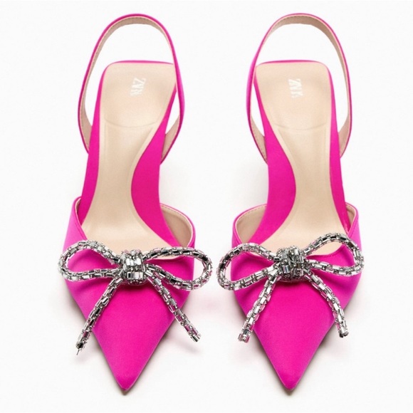 Women’s Zara Pink Slingback Heel Satin Effect Rhinestone Bow Shoes US 6 - Picture 1 of 11